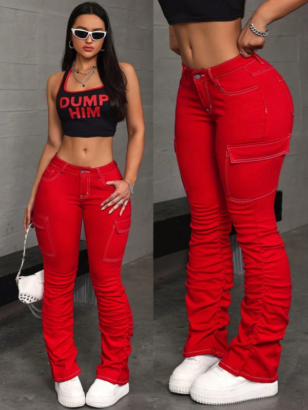 Women's Cargo Pocket Pleated Skinny Casual Fashion Jeans