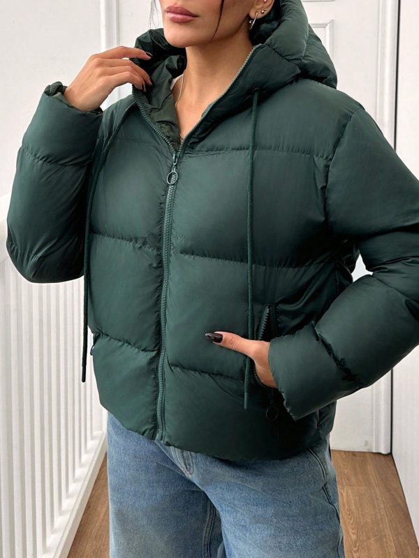 Solid Color Hooded Zip-Up Long Sleeve Jacket, Winter