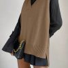 Women V-Neck Sleeveless Side Split Solid Color Fashion Loose Casual Knit Pullover Tank Top Vest