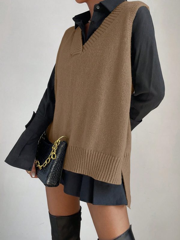Women V-Neck Sleeveless Side Split Solid Color Fashion Loose Casual Knit Pullover Tank Top Vest