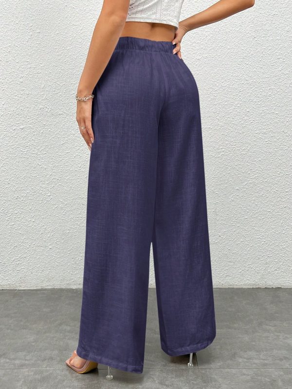 Women Plain Color Front Tie Pocket Design Wide Leg Pants, Casual Daily Wear