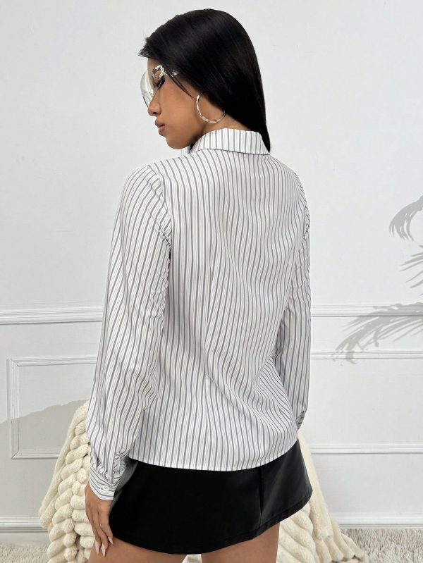 Women's Long Sleeve Striped Collared Button-Down Shirt, Blouse