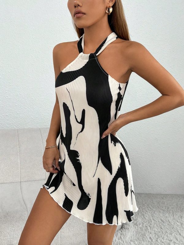 Graphic Print Lettuce Trim Halter Short Summer Dress