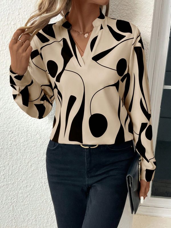 Women Asymmetrical Print Long Sleeve Casual Blouse