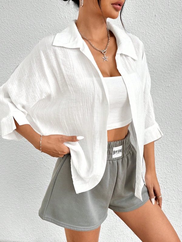 Spring White Solid Batwing Sleeve White Shirt
