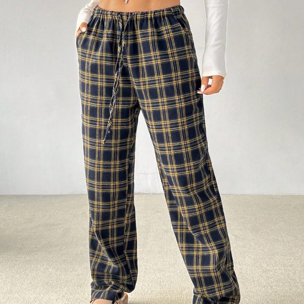 Women Plaid Print Drawstring Waist Pants