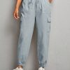Women Solid Color Drawstring Elastic Cuff Work Pants, Suitable For Spring And Summer