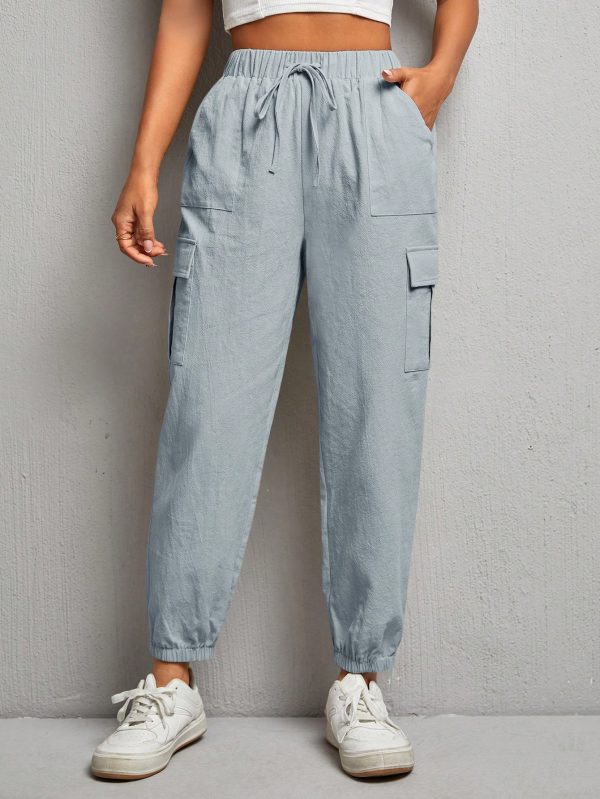 Women Solid Color Drawstring Elastic Cuff Work Pants, Suitable For Spring And Summer