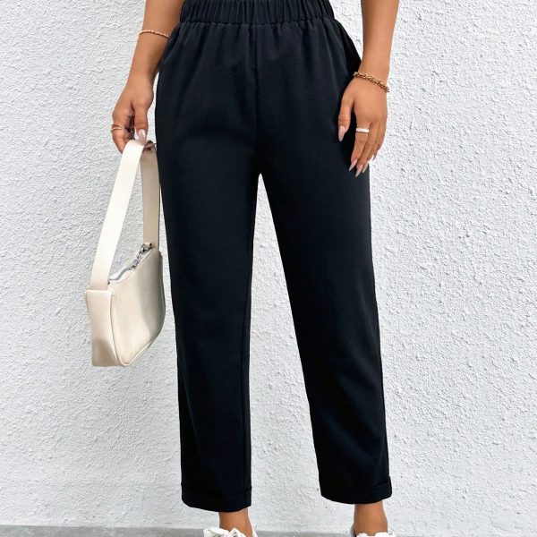 Solid Elastic Waist Cropped Pants