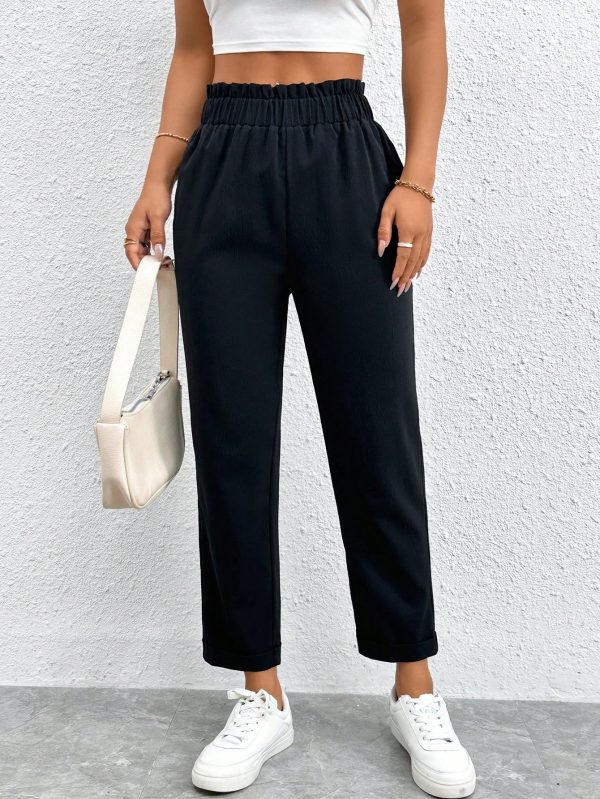 Solid Elastic Waist Cropped Pants