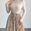 Ditsy Floral Print Mock Neck Belted Bottom&Top Two Tone A Line Floral Print Dress