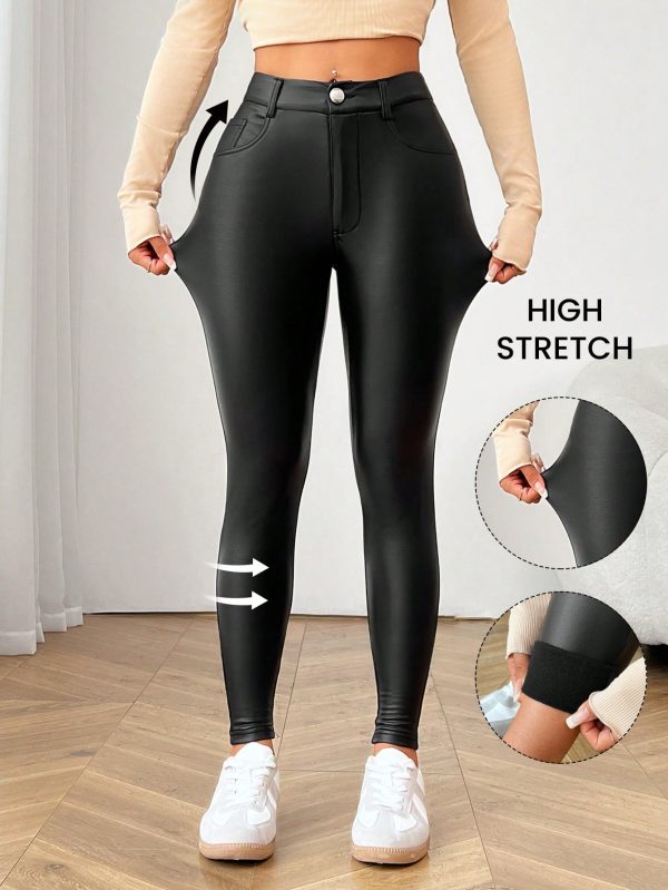 Front Button Pocket Stylish Women's Leather Pants
