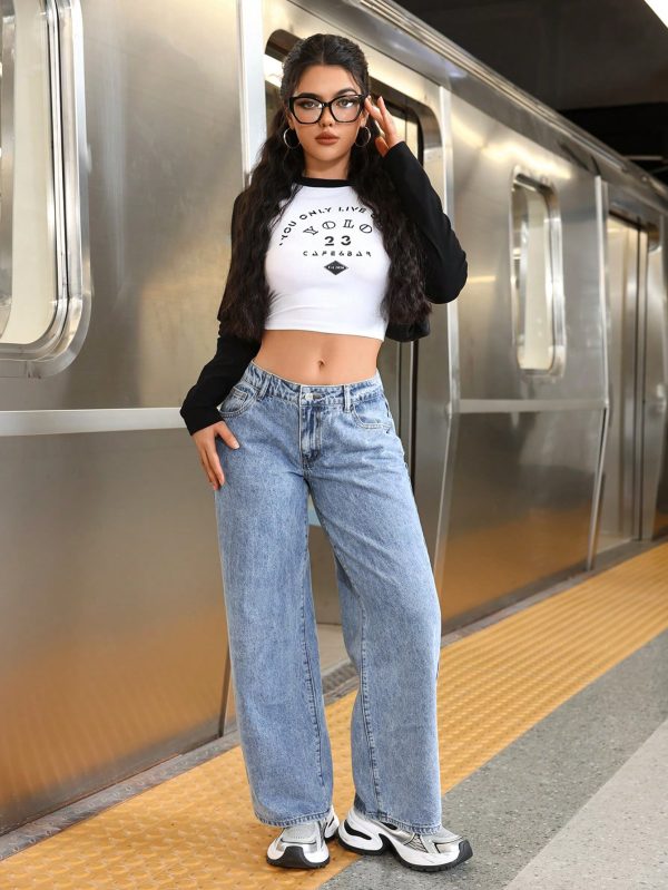 Casual Washed Low Waist Straight Leg Jeans