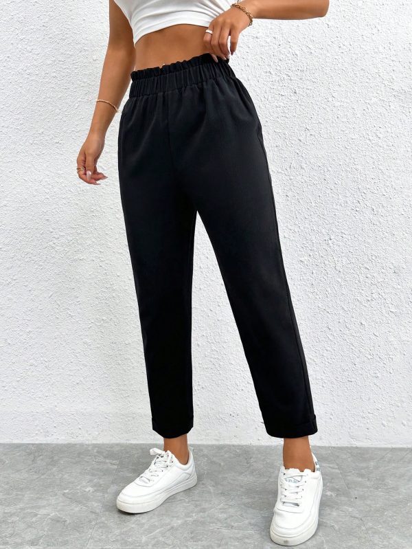 Solid Elastic Waist Cropped Pants