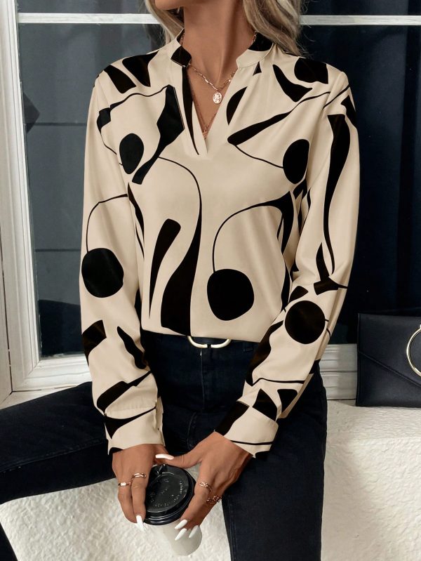 Women Asymmetrical Print Long Sleeve Casual Blouse