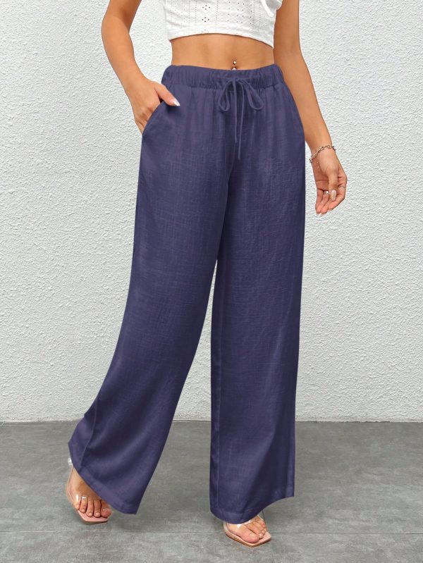 Women Plain Color Front Tie Pocket Design Wide Leg Pants, Casual Daily Wear