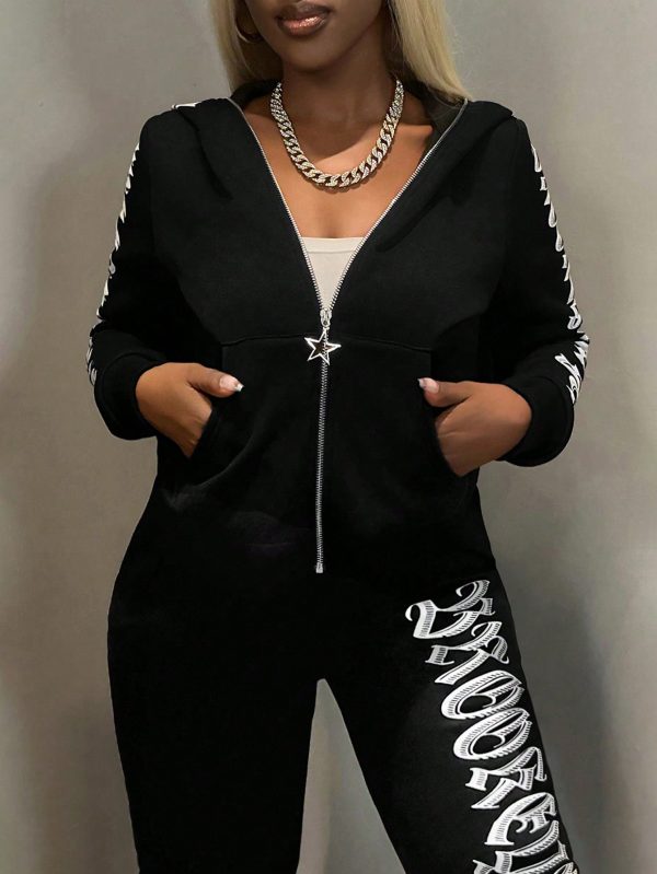 Casual Letter Print Zip-Up Hooded Sweatshirt, Autumn/Winter