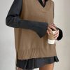Women V-Neck Sleeveless Side Split Solid Color Fashion Loose Casual Knit Pullover Tank Top Vest