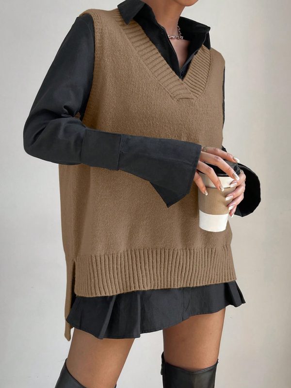 Women V-Neck Sleeveless Side Split Solid Color Fashion Loose Casual Knit Pullover Tank Top Vest