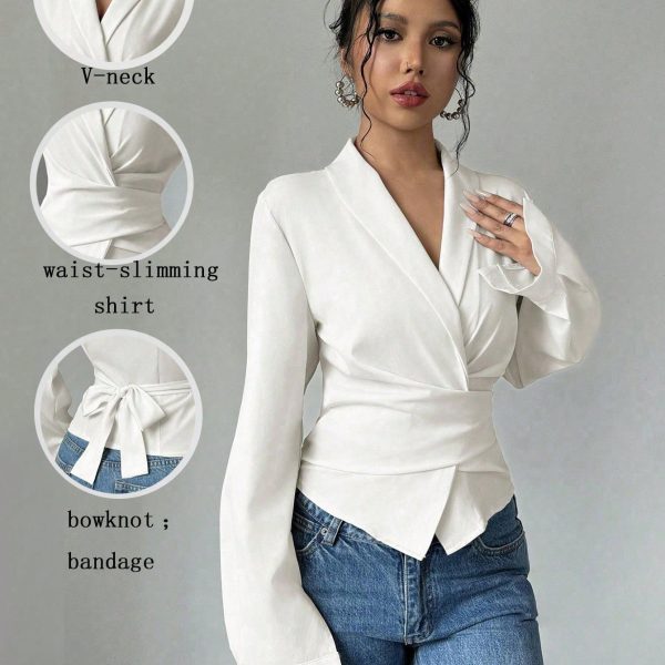 Apricot V-Neck Cinched Waist Bowknot Elegant Romantic Women Shirt