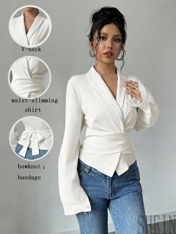 Apricot V-Neck Cinched Waist Bowknot Elegant Romantic Women Shirt