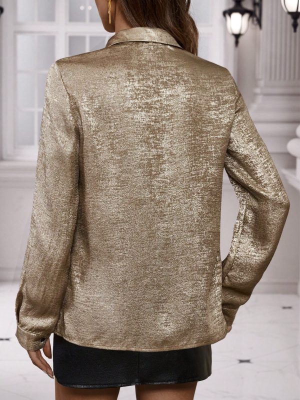 1pc Women  Size Elegant Satin Gloss Loose Long Sleeve Shirt