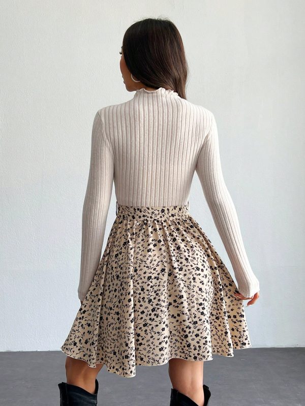 Ditsy Floral Print Mock Neck Belted Bottom&Top Two Tone A Line Floral Print Dress