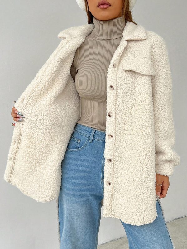 Dropped Shoulder Flap Detail Teddy Fur Coat