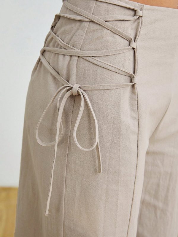 Women's Fashionable High-Waisted Khaki Wide Leg Pants With Belt