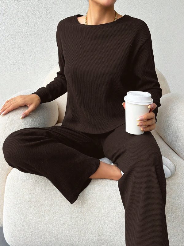 Cotton Women Solid Color Ribbed Tee & Pants