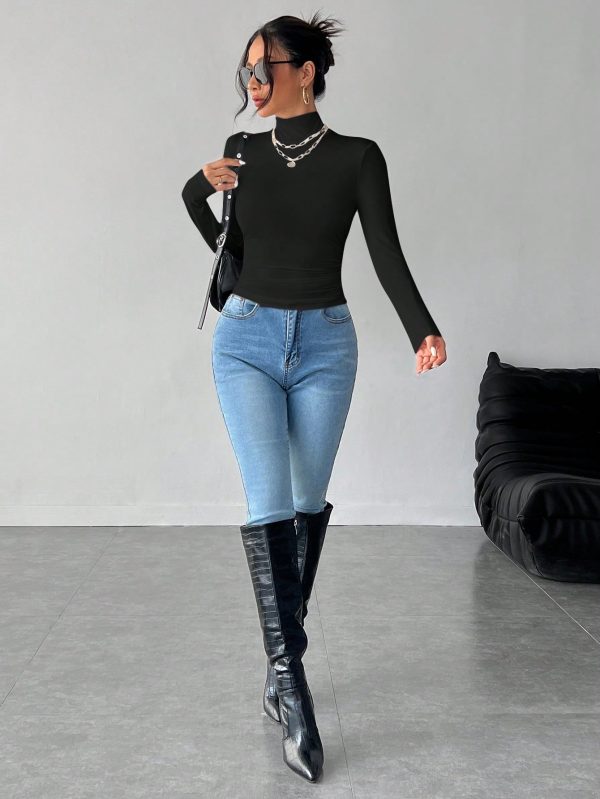 Solid Color Slim High Collar Long Sleeve White Top
