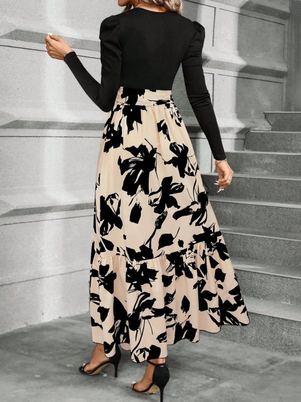 Women Short Length Patchwork Floral Print Waisted Long Sleeve Dress, Autumn/Winter