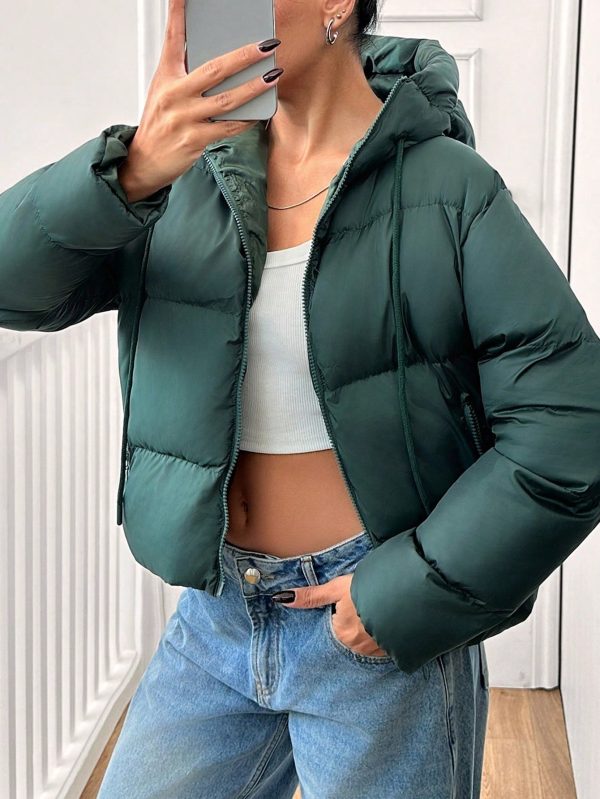 Solid Color Hooded Zip-Up Long Sleeve Jacket, Winter