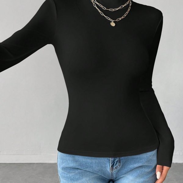 Solid Color Slim High Collar Long Sleeve White Top