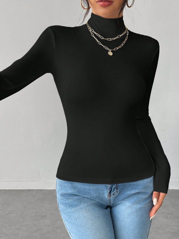 Solid Color Slim High Collar Long Sleeve White Top