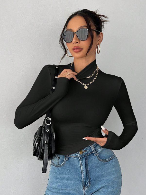 Solid Color Slim High Collar Long Sleeve White Top