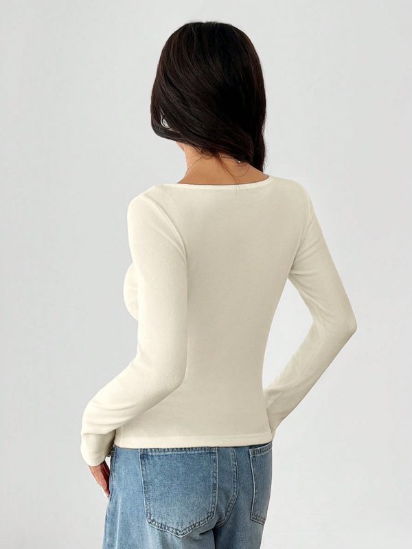 Solid Color Scoop Neck Spring Women's Fleece T-Shirt