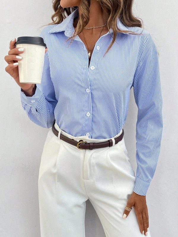 Women's Fashionable Everyday Blue And White Striped Shirt