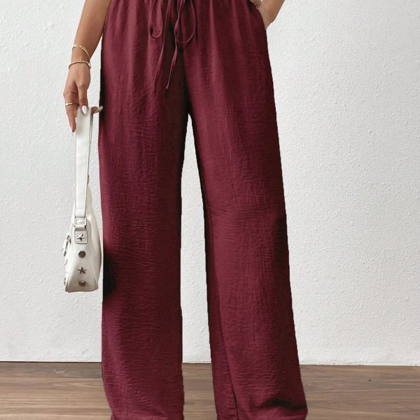 Women's Solid Color Front Tie Pocket Casual Long Pants, Daily Wear
