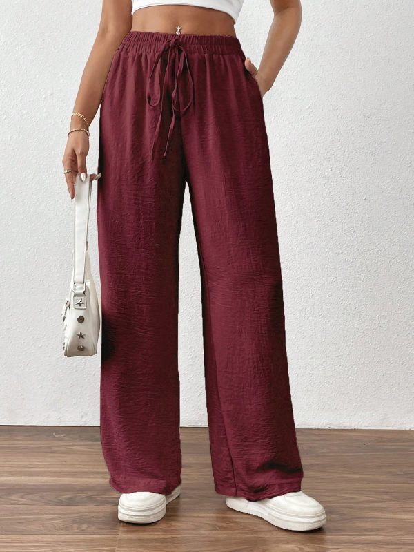 Women's Solid Color Front Tie Pocket Casual Long Pants, Daily Wear