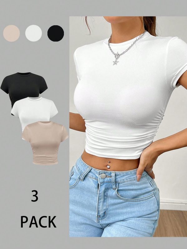 Summer 3pcs/Set Ladies' Pleated Short Sleeve T-Shirt