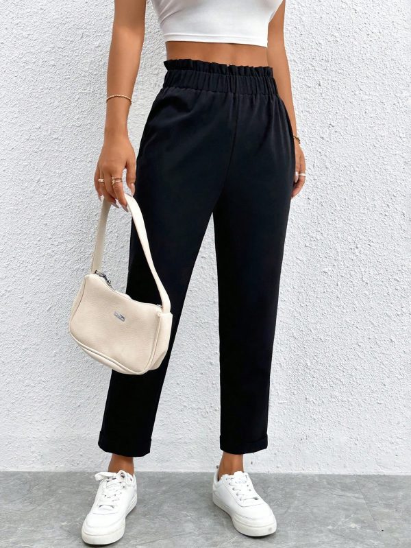 Solid Elastic Waist Cropped Pants