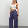 Women Plain Color Front Tie Pocket Design Wide Leg Pants, Casual Daily Wear