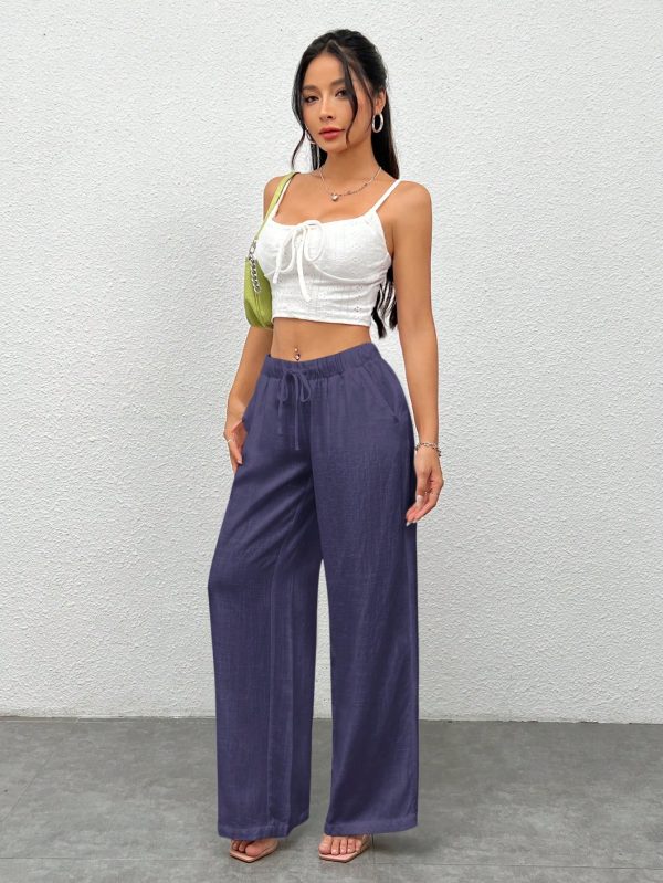 Women Plain Color Front Tie Pocket Design Wide Leg Pants, Casual Daily Wear
