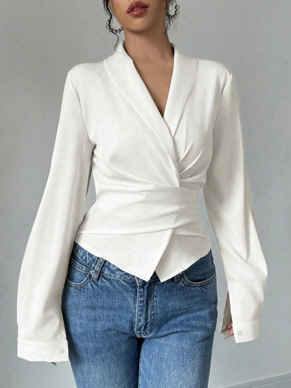 Apricot V-Neck Cinched Waist Bowknot Elegant Romantic Women Shirt