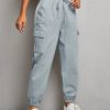 Women Solid Color Drawstring Elastic Cuff Work Pants, Suitable For Spring And Summer