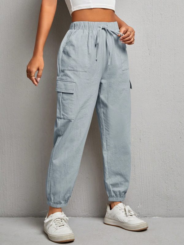 Women Solid Color Drawstring Elastic Cuff Work Pants, Suitable For Spring And Summer