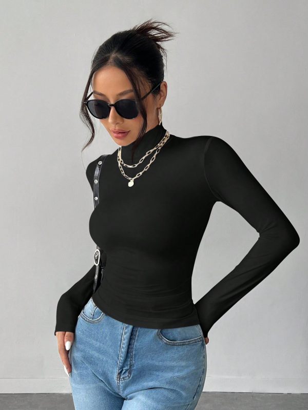 Solid Color Slim High Collar Long Sleeve White Top