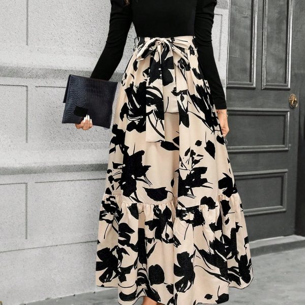 Women Short Length Patchwork Floral Print Waisted Long Sleeve Dress, Autumn/Winter