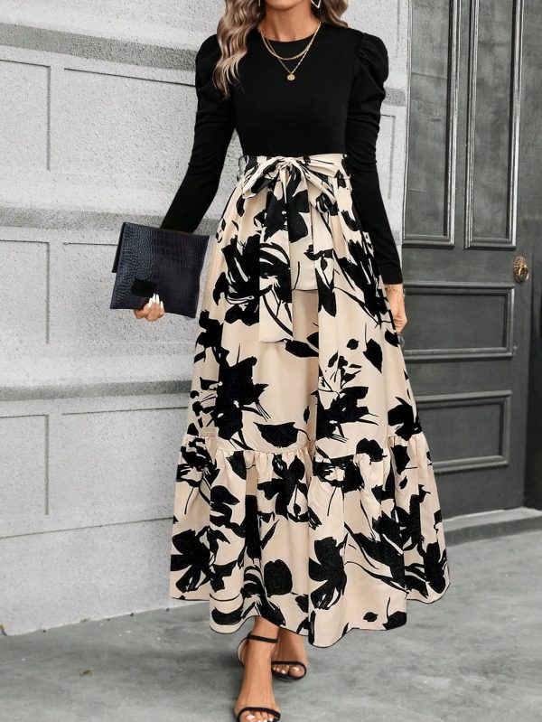 Women Short Length Patchwork Floral Print Waisted Long Sleeve Dress, Autumn/Winter